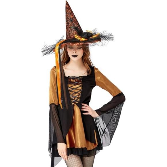 Women's Halloween Witch Hat with LED Lights, Black Yellow - Picture 6 of 7